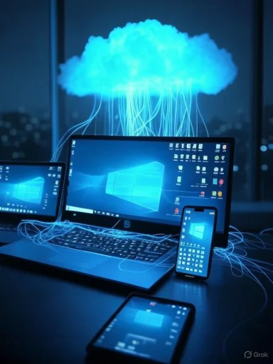 A glowing blue cloud hovers above a Windows laptop, with smartphones and tablets connected by glowing lines.