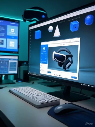 A high-tech desk setup with a VR headset, multiple monitors, and 3D design software.