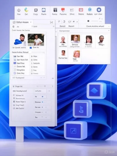Windows-style desktop with overlapping UI windows showing avatars in a design mockup.