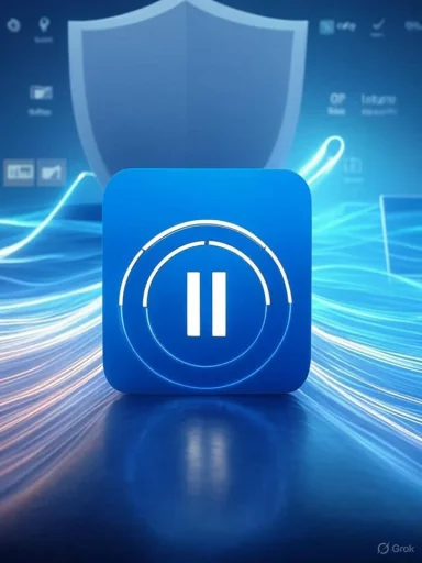 Blue square app icon with a white pause symbol inside circular rings on a tech-themed background.