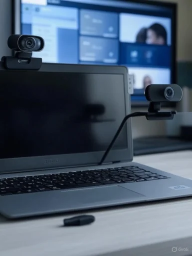 Laptop with two webcams attached, set up for a video conference.