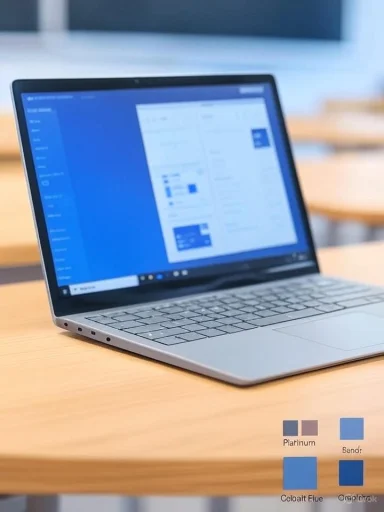 A slim silver laptop on a wooden desk displays a blue-tinted desktop UI.