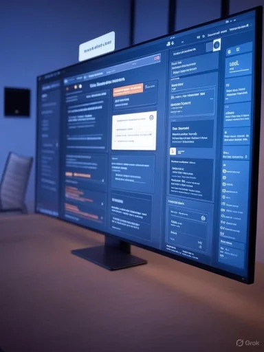 A curved ultrawide monitor displays multiple blue dashboard panels in a dim, modern workspace.