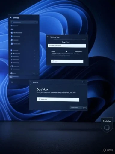 Three dark Windows dialogs float over a blue abstract wallpaper.