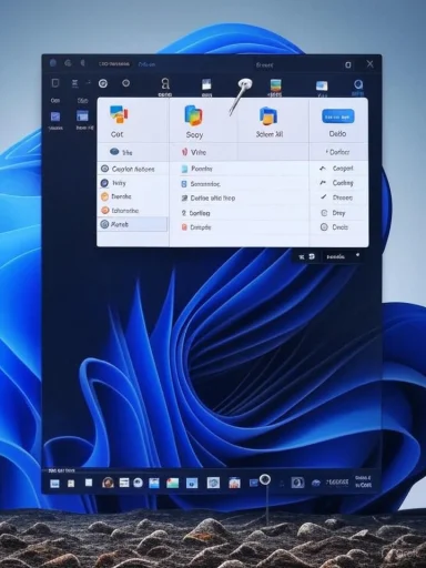 Windows 11 desktop with a floating app window over a blue abstract wallpaper.