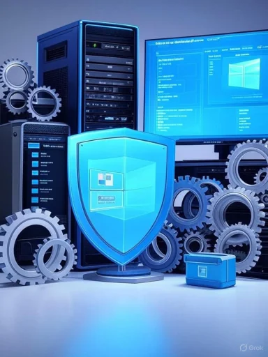 Blue-tinted data center with servers, gears, and a shield emblem.