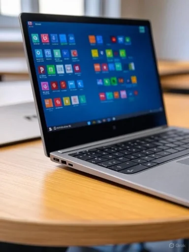 A sleek laptop on a wooden table displays colorful app icons on the screen.