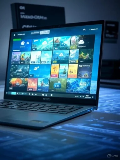 A slim laptop on a blue-lit desk displays a Windows-like tiled app grid on its screen.