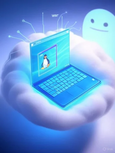 A blue laptop floats on a cloud, displaying a Linux penguin on its screen.