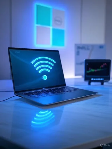 A Dell laptop on a blue-lit desk displays a glowing Wi‑Fi icon.