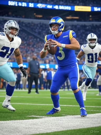 A quarterback in blue and yellow prepares to throw as white-clad defenders close in.