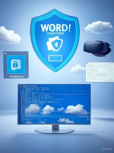 A futuristic cybersecurity scene with a glowing blue shield, VR headset, cloud icons, and a monitor showing code.