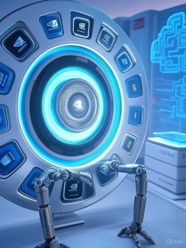 A futuristic circular machine glowing with blue neon rings and robotic arms.