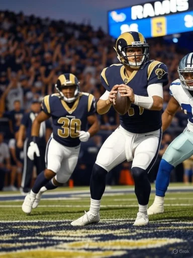 Los Angeles Rams quarterback holds the ball, sprinting with teammates in support.