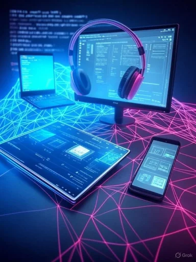 Futuristic tech desk setup with a monitor, headphones, tablet, laptop, phone and neon grid. Futuristic tech desk setup with a monitor, headphones, tablet, laptop, phone and neon grid.
