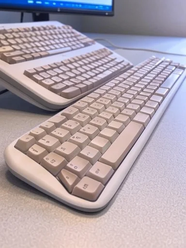 Two beige keyboards sit on a desk with a monitor in the background.