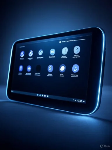 A blue-glowed tablet sits on a surface, showing circular app icons on a dark screen.