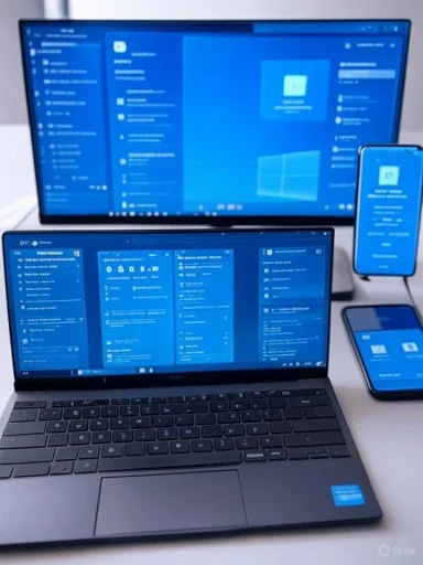 Blue Windows desktop displayed across a laptop, a large monitor, tablet, and phone.