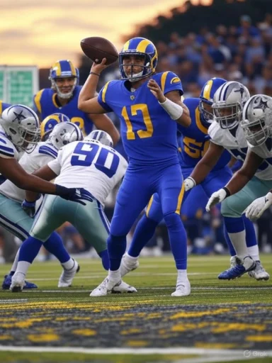 A quarterback in blue and yellow prepares to throw as defenders close in.