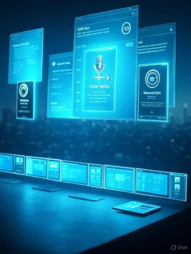 Blue holographic screens hover above a desk, displaying a central microphone interface.
