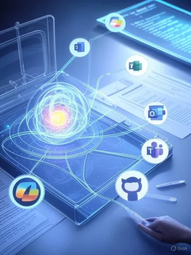 A futuristic holographic interface projects floating app icons around a glowing core above a tablet.