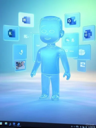 A blue translucent figure among floating Office app icons.