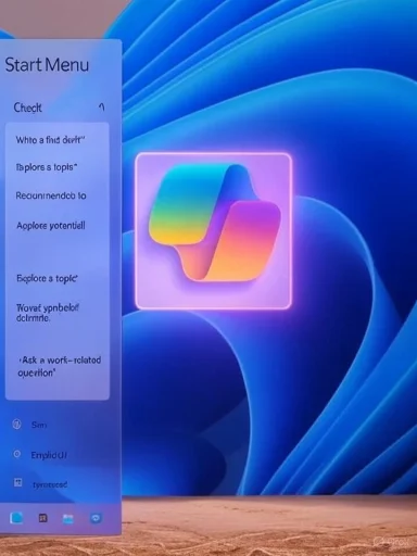 A computer screen displays a glowing Start Menu with a colorful neon icon on a blue abstract wallpaper.