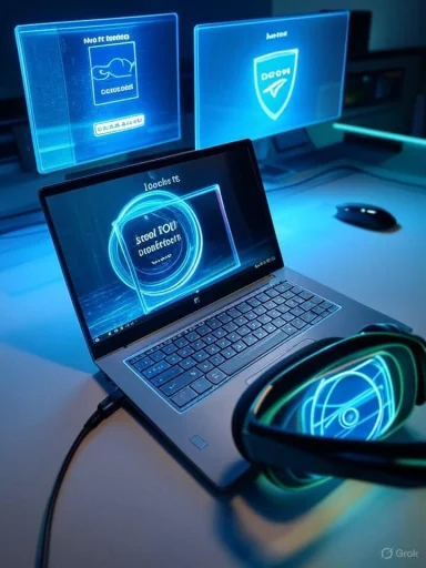 Futuristic desk setup with a laptop, holographic blue screens, and neon-lit headphones.