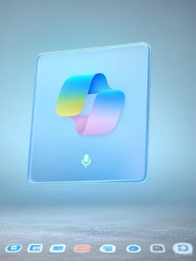 A translucent blue square tile with a multicolored ribbon logo and a microphone icon.