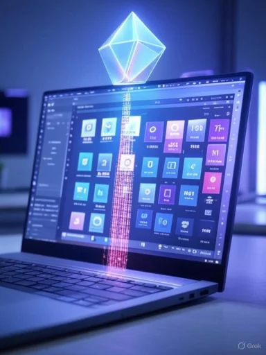 A glowing holographic diamond floats above a laptop screen filled with colorful app icons.