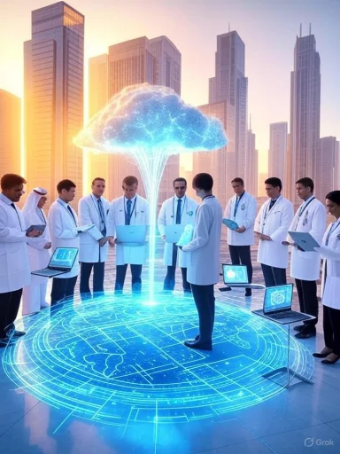Doctors in white coats stand in a circle around a glowing holographic cloud atop a digital circular platform.