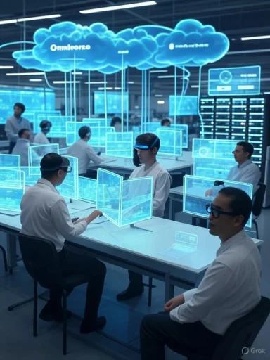 Futuristic command center with holographic blue screens and cloud visuals labeled Omniverse.
