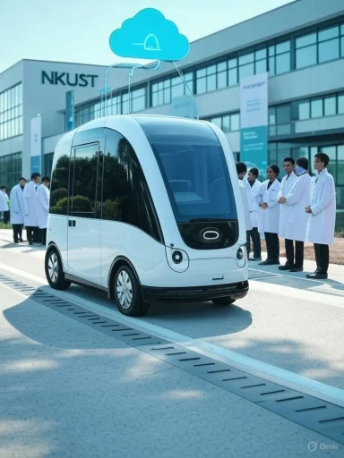 A futuristic autonomous pod car on a test track, watched by scientists in white lab coats.