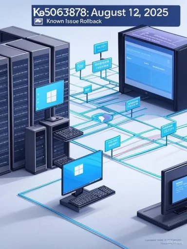 A data center with interconnected servers and PCs via blue network lines, labeled 'Known Issue Rollback'.