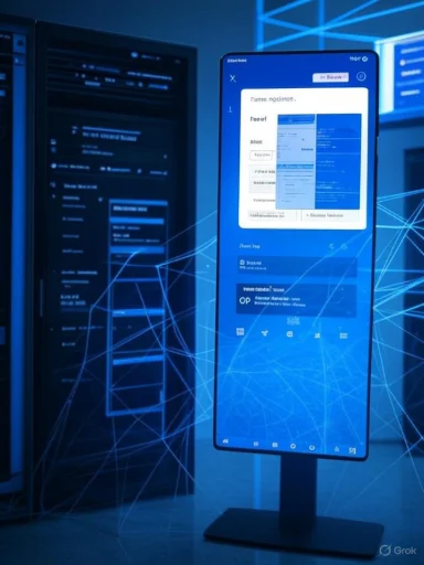 A tall curved touchscreen on a stand in a blue-lit data center, with servers and network lines in the background.