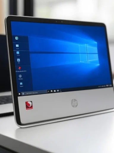 An HP Windows laptop on a white desk, displaying the Windows desktop.