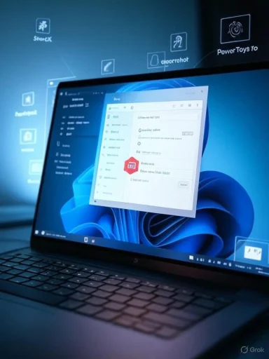 Laptop displaying a Windows desktop with a blue abstract wallpaper and a floating app window.