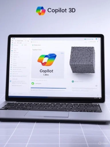 Laptop displaying Copilot 3D branding with a colorful logo and UI preview.