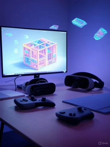 Neon-lit desk setup with VR headset, controllers, and a monitor displaying a glowing cube.