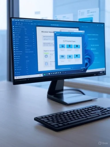 A sleek desktop monitor with a keyboard on a clean desk, displaying multiple windows.