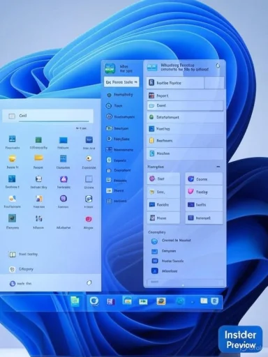 Windows Insider Preview desktop with several apps open on a blue abstract wallpaper.