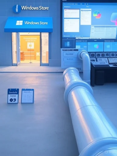 Windows Store storefront display with a large metal duct running through a tech showroom.