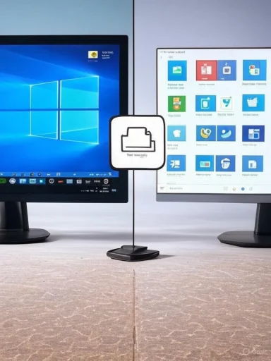 Two computer monitors face each other with a trash can icon sign between them.