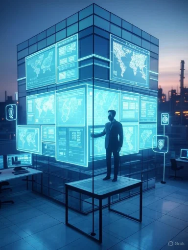 A man in a suit stands on a table inside a glass cube, surrounded by glowing holographic world-map screens. A man in a suit stands on a table inside a glass cube, surrounded by glowing holographic world-map screens.