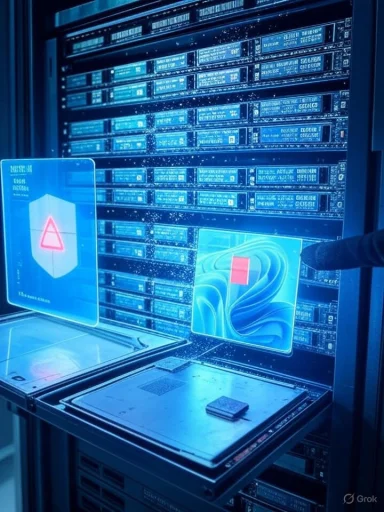 Blue-lit data center with rows of server racks and holographic display panels.