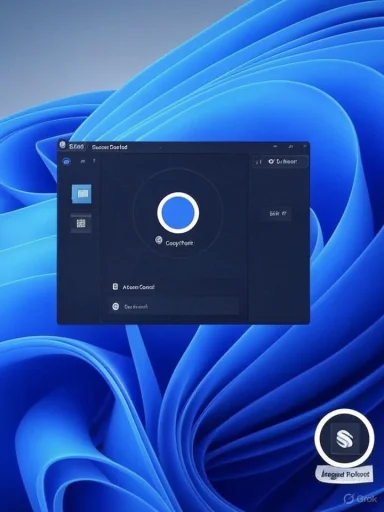 A dark app window with a blue circular logo sits on a vivid blue abstract wallpaper.