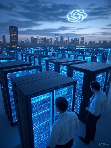 Two technicians monitor blue-lit server racks at a rooftop data center. Two technicians monitor blue-lit server racks at a rooftop data center.