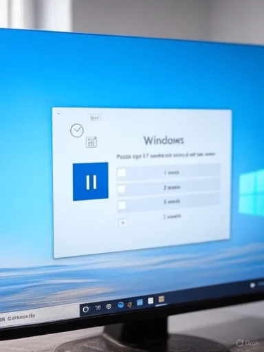 A Windows desktop displays a white dialog with a large blue pause icon on a blue wallpaper.