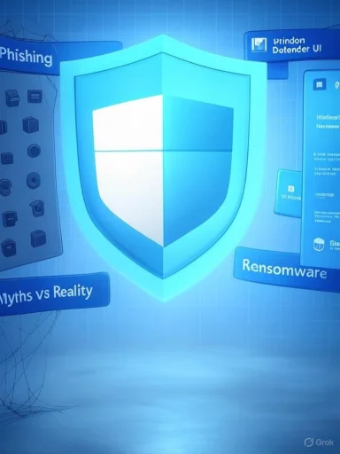 A glowing blue shield symbolizes cyber security against phishing and ransomware.