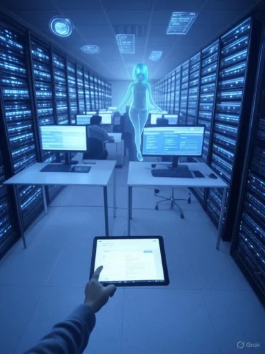A data center with rows of server racks and desks, featuring a blue holographic figure hovering above.